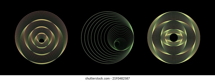 Vector lines with concentric circles, spirals and waves. Green and orange abstract lines background