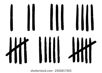 Vektorlinien, die das Datum im Gefängnis zählen. Vertikale Streifen kratzen handgezeichnet. 1, 2, 3, 4, 5 Tage Skizze an der Wand. Stockgrafik einzeln auf weißem Hintergrund.