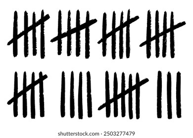 Vector lines counting the date in prison. Vertical stripes scratch handdrawn. 3, 4, 5 days sketch on wall. Stock illustration isolated on white background.