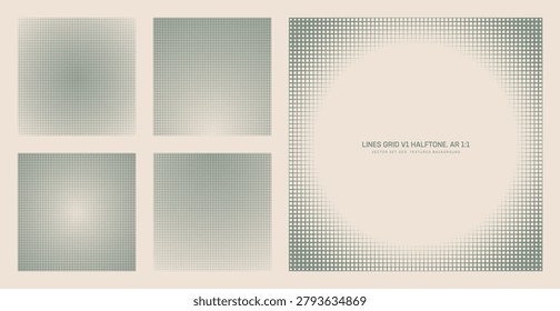 Vector lines crosshatch grid vintage green beige halftone pattern set in square 1:1 aspect ratio including round faded frame and various radial textures. Half tone hatch strokes retro graphic designs