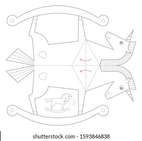 Vector lines cut paper rocking horse. Isolated on white background.