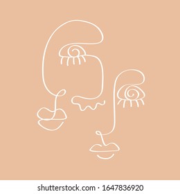 Vector lines face. Linear abstract couple faces. Man and woman romantic modern poster. Single line drawing. Minimalistic style valentines graphic design. Fashion decor, t shirt print 