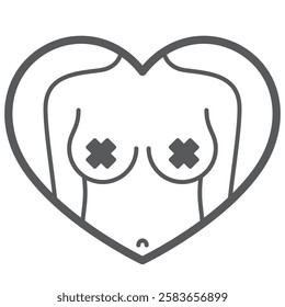 Vector lines of female torso breast in big heart. Censored with cross. Isolated on white background