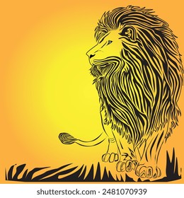 Vector lines form a lion with a golden yellow or orange yellow gradient background