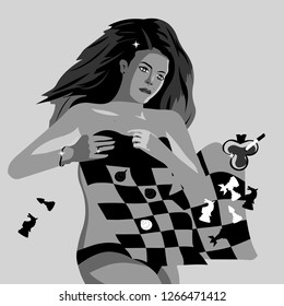Vector lines. Girl lying under a blanket in the style of chess