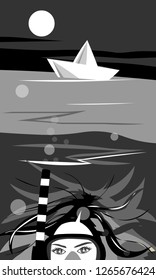 Vector lines. Girl under the sea, with a snorkel and mask