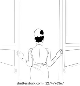 Vector lines. Gorgeous girl opens door