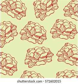 Vector lines graphic hand draw red flowers pattern on pastel yellow background 