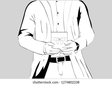 Vector lines. Guy holding a gift for his girlfriend