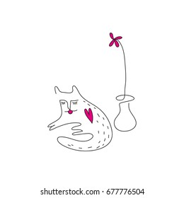 Vector lines illustration of a cat and a flower in a pot.