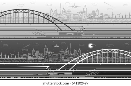 Vector lines illustration, train move on the bridge, light city on background, airplane fly, infrastructure scene, day and night, design art