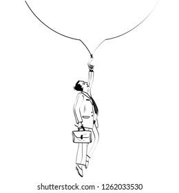 Vector lines. A man with a briefcase goes up in a balloon