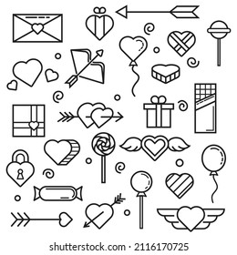 vector lines and outlines of hearts, candies, gifts, chocolates, wings, arrows, archery, messages and others, Valentine's day concept and wedding collection on white background