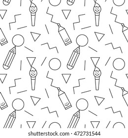 Vector lines pattern. Seamless pattern. Vector abstract background with cute pen, pencil and brush