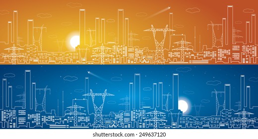 Vector lines power plant panorama, white lines, industrial design, infrastructure, day and night