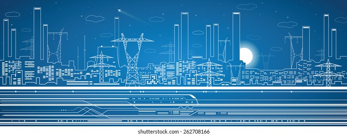 Plantas eléctricas de líneas de vectores, tren, panorama del transporte, diseño de vectores industriales, infraestructura