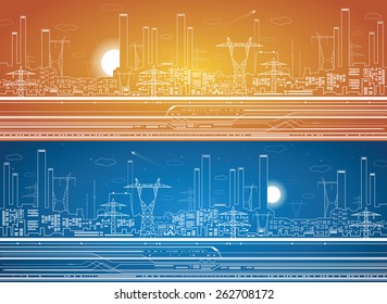 Vector lines power plant, transport panorama, industrial vector design, infrastructure