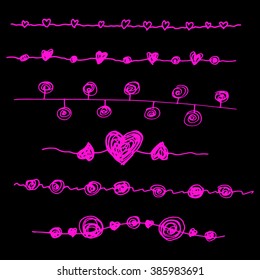 Vector lines set of hearts on a black background. Hand drawn strokes collection. Doodle patterns, borders set. Design elements.