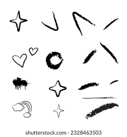 Vector of lines, symbol, stars, clouds, circles and curves. Hand drawn design elements on white background for slider. Vector eps 10 file format
