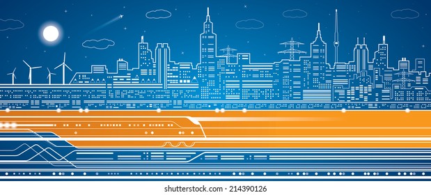 Vector lines train, on the background of the light city, transportation illustration