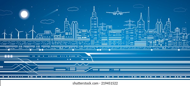 Vector lines train, on the background of the light city, locomotive speeds, airplane flies