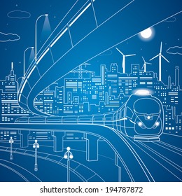 Vector lines train on the bridge, background night city, urban scene
