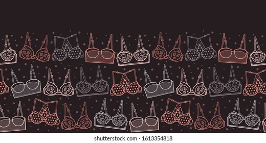 Vector lingerie seamless border in black and orange. Simple doodle bra hand drawn made into repeat. Great for invitations, decor, packaging, ribbon, greeting cards, stationary.
