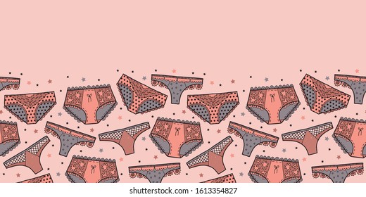 Vector lingerie seamless border in orange and grey. Simple doodle panties hand drawn made into repeat. Great for invitations, decor, packaging, ribbon, greeting cards, stationary.
