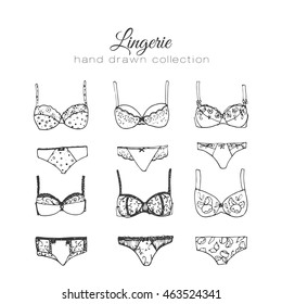 Vector Lingerie Set. Sexy Underwear Design. Outline Hand Drawn Illustration. Bras And Panties Doodle.