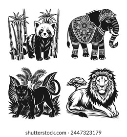 Vector Linocut Animals art set, tiger, elephant, white background vector illustration