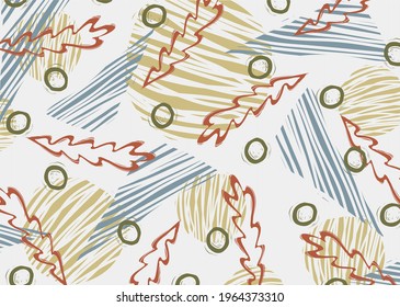 
Vektor-Linkshänder-Hintergrund mit abstrakten, farbigen Elementen. Lineares Blumenmuster mit Senf, Grün, Rot und Blau.