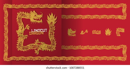 Vector Linocut Vector constructor illustration with golden chinese dragon on red background. Separate parts of the dragon for self-assembly of the dragon. Head, paw, tail, body