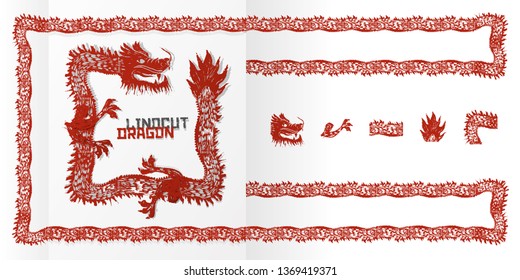 Vector Linocut Vector constructor illustration with red chinese dragon on white background. Separate parts of the dragon for self-assembly of the dragon. Head, paw, tail, body