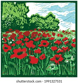 Vector Linocut Field Of Poppies. Poppies Hand Print With Green Trees.