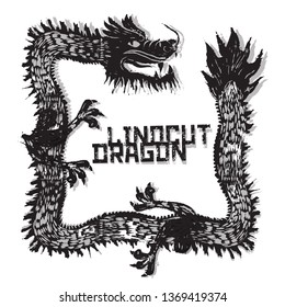 Vector Linocut Illustration: Black and White Chinese Dragon