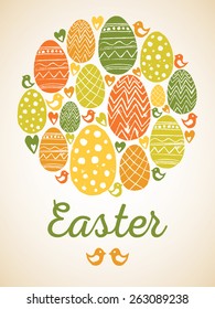 Vector linocut illustration. Easter card with eggs, hearts, birds in a circle with a sample text for your design