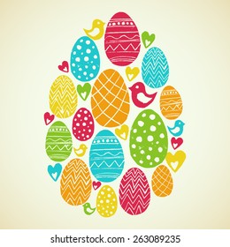 Vector linocut illustration for easter with eggs, birds and hearts in form of egg. Isolated on background.