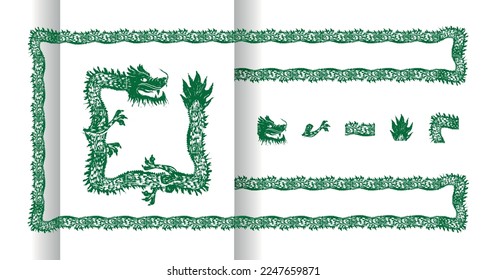 Vector linocut illustration with green chinese dragon ouroboros. Symbol of New Year 2024 in China. Set of elements for seamless pattern for packaging, box, print. Gift. Greeting card. Tail, head, paw