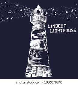 Vector Linocut Illustration: Lighthouse