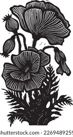 Vector linocut illustration of poppy flowers. Poppy linear woodcut illustration. Black poppy linear flower pattern