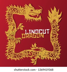 Vector Linocut Illustration: Red and Gold Chinese Dragon