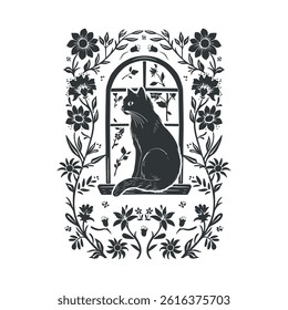 Vector linocut poster template in minimal style. Botanical blockprint