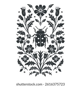 Vector linocut poster template in minimal style. Botanical blockprint