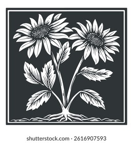 Vector linocut poster template in minimal style. Botanical blockprint