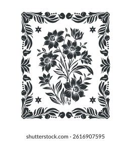 Vector linocut poster template in minimal style. Botanical blockprint