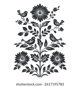 Vector linocut poster template in minimal style. Botanical blockprint
