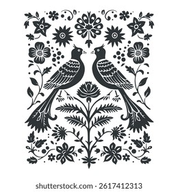 Vector linocut poster template in minimal style. Botanical blockprint