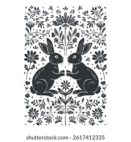 Vector linocut poster template in minimal style. Botanical blockprint