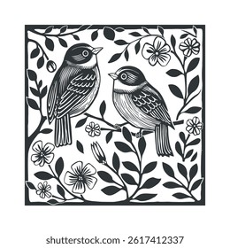 Vector linocut poster template in minimal style. Botanical blockprint
