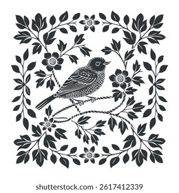 Vector linocut poster template in minimal style. Botanical blockprint